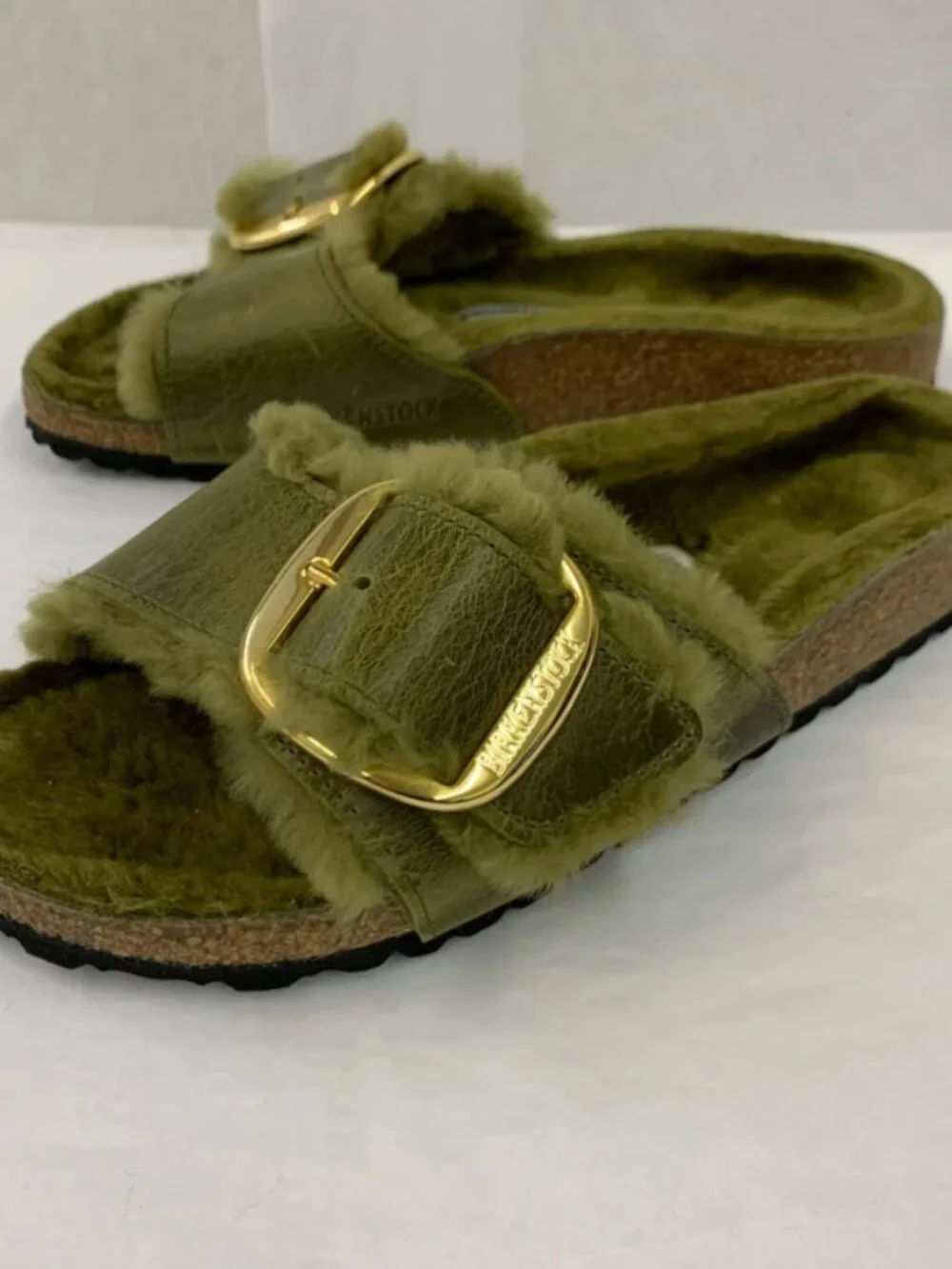 Birkenstock Madrid Big Buckle Olive Natural Leather Shearling Narrow Width